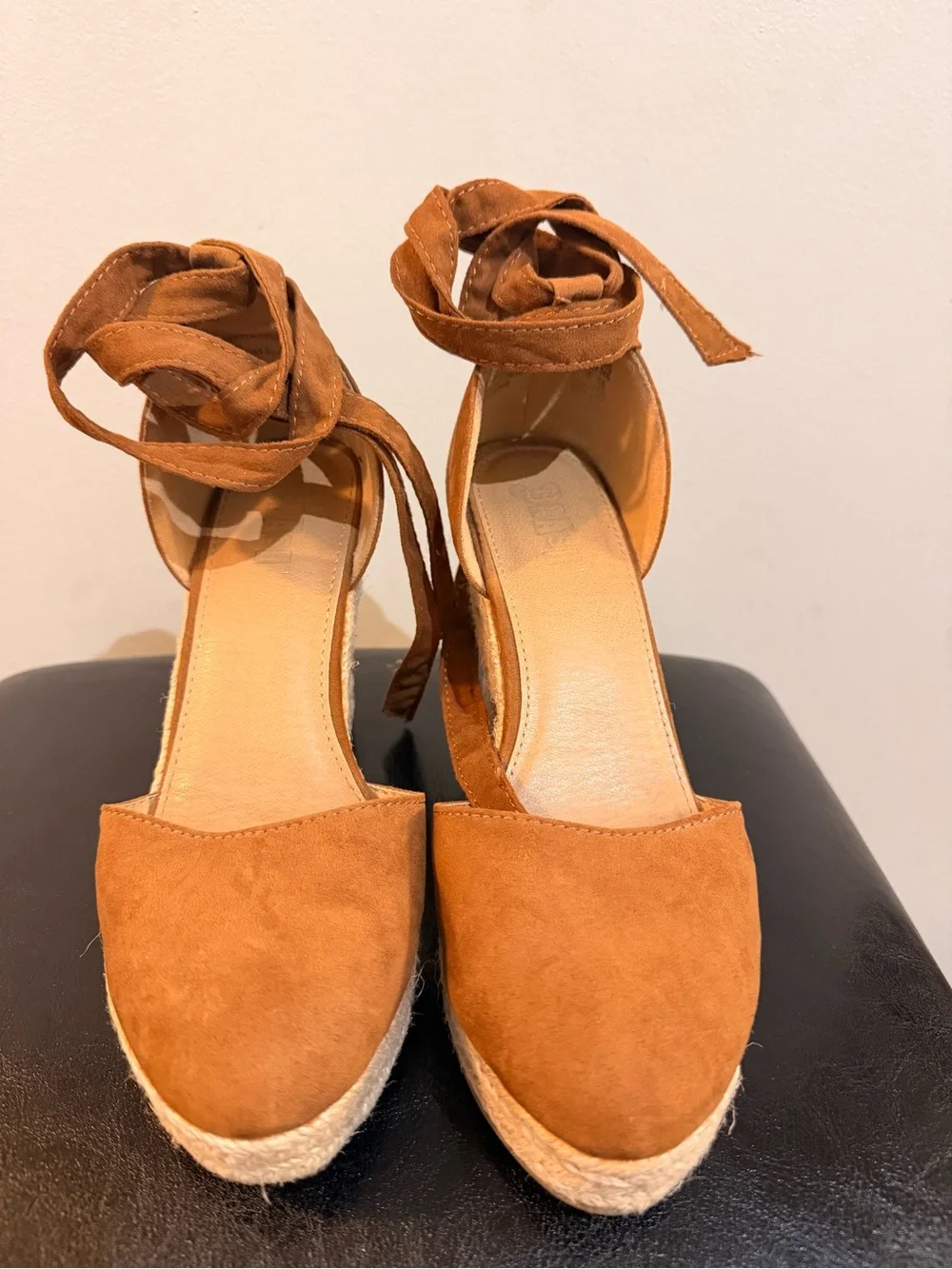 Brash Cognac Suede Espadrille Wedge Sandals with Ankle Wrap